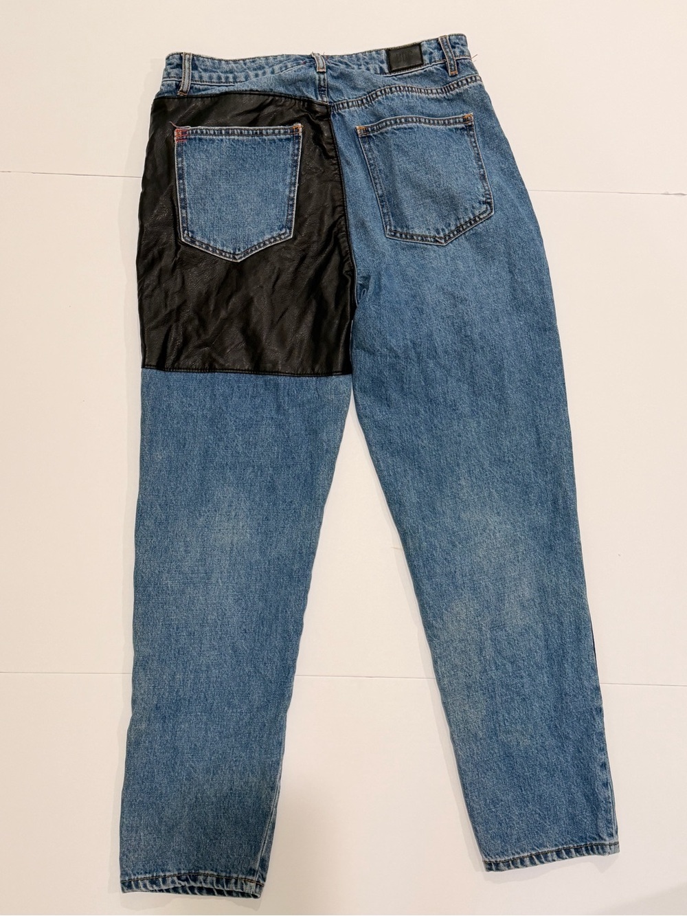 BDG Urban Outfitters Blue Denim Jeans with Black Leather mom high-rise - Picture 2 of 5